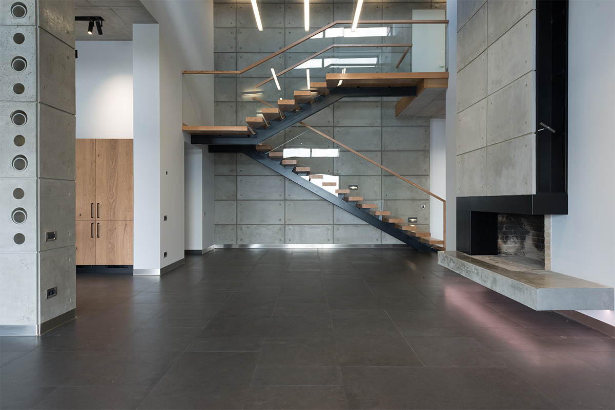 glass staircase with wooden steps
